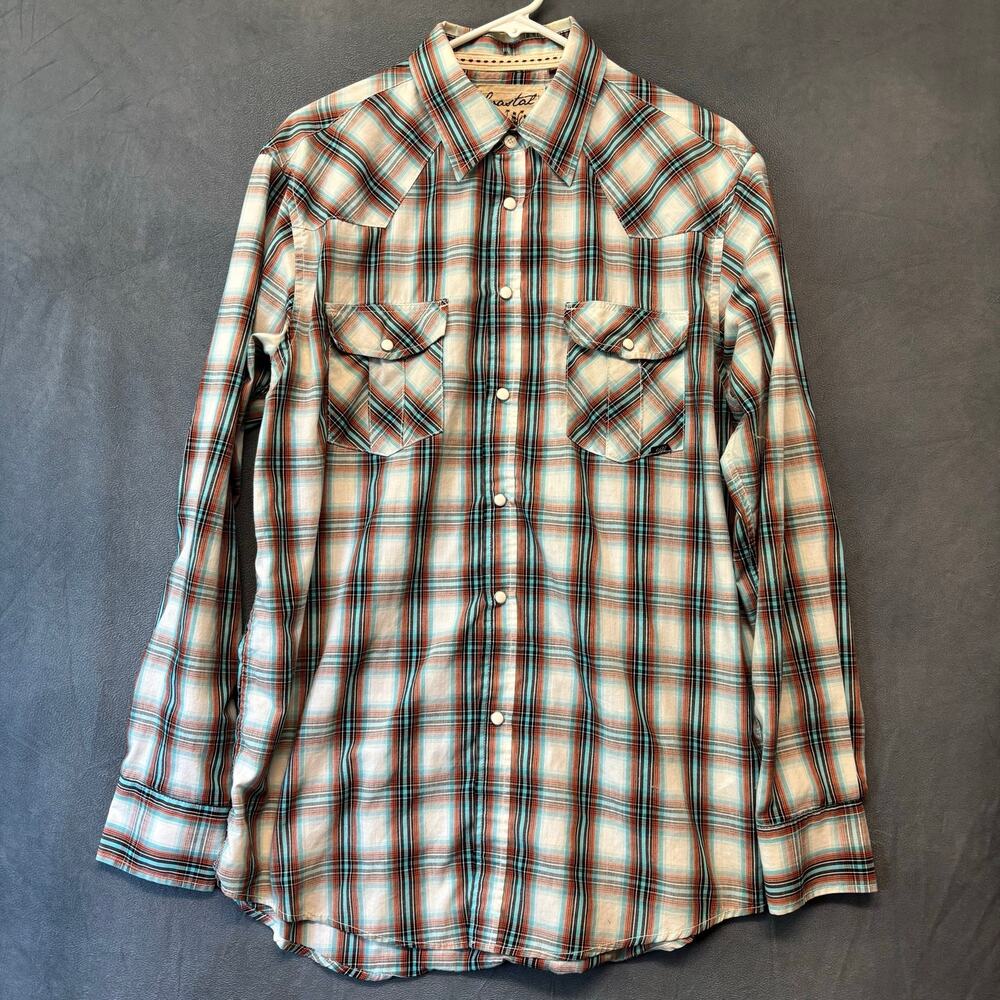 Coastal Plaid Western Pearl Snap Shirt Turquoise Brown Large Skater Rockabilly